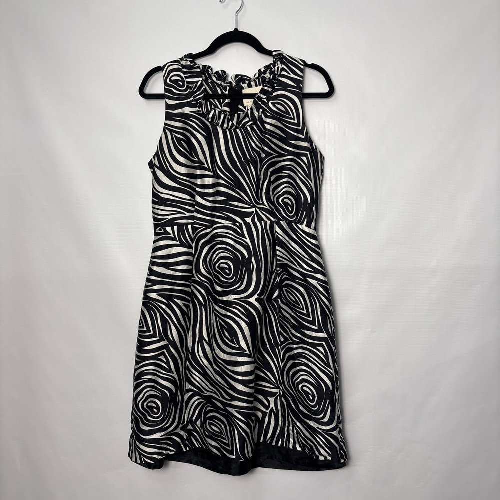 Kate Spade New York Black White Silk Cotton Zebra Rose Print Ruffle Dress 8
